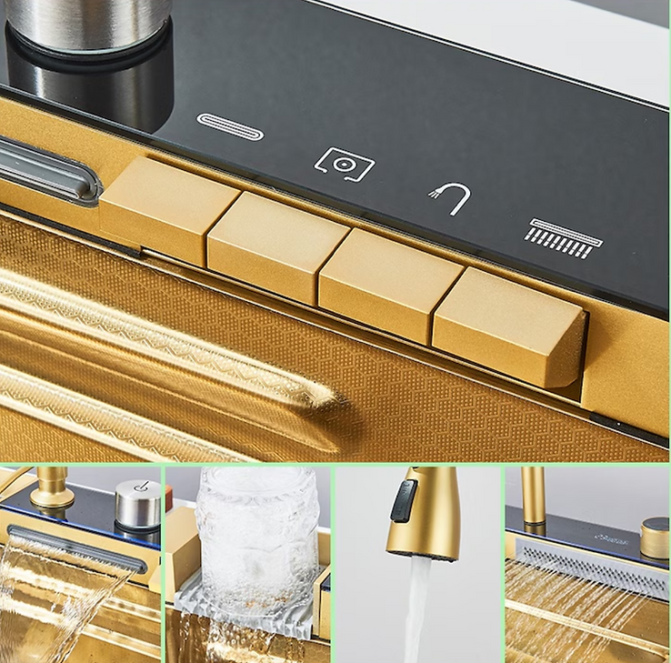 Chiuveta multifunctionala cu 2 cascade cu accesorii incluse, afisaj digital a temperaturii si robinet cascada, culoare Gold, 750x460mm