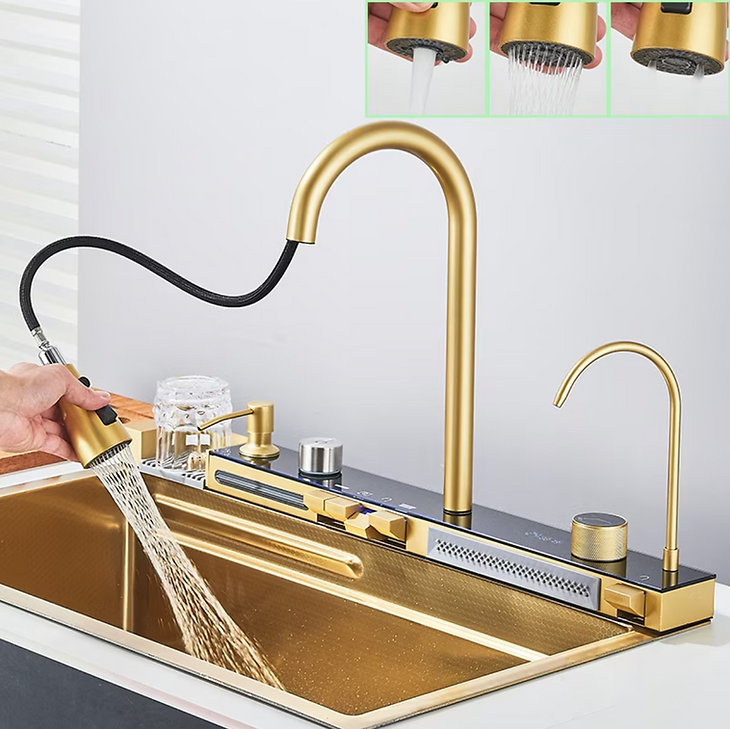 Chiuveta multifunctionala cu 2 cascade cu accesorii incluse, afisaj digital a temperaturii si robinet cascada, culoare Gold, 750x460mm