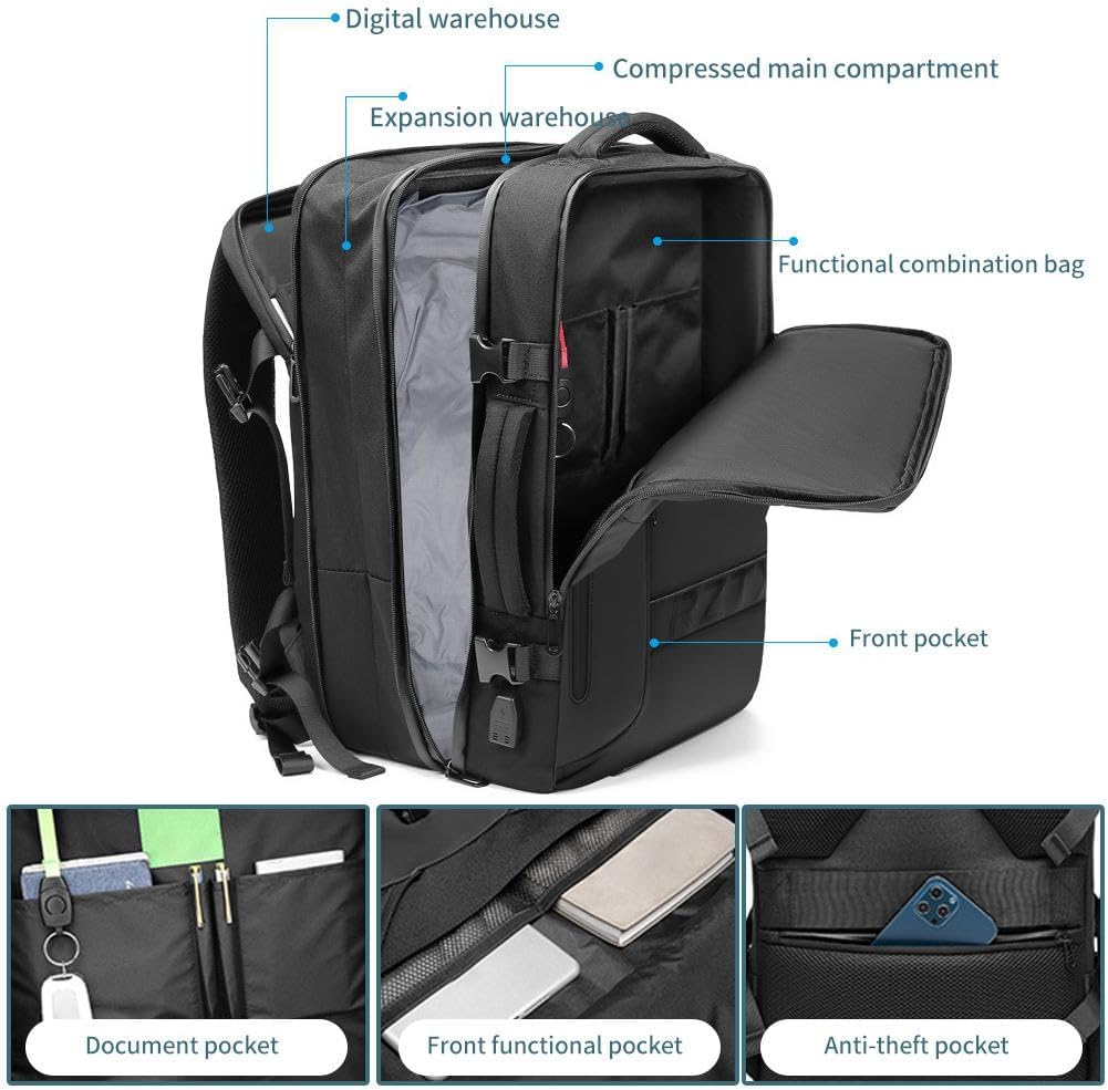 Rucsac laptop Oxford, rezistent la apa, compartiment vacuum, capacitate mare, USB, negru