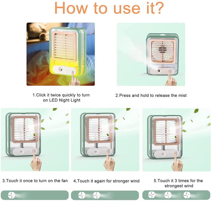 Mini ventilator portabil 3 în 1: racorire, umidificare și iluminare, incarcare usb + acumulator incorporat, 18 cm