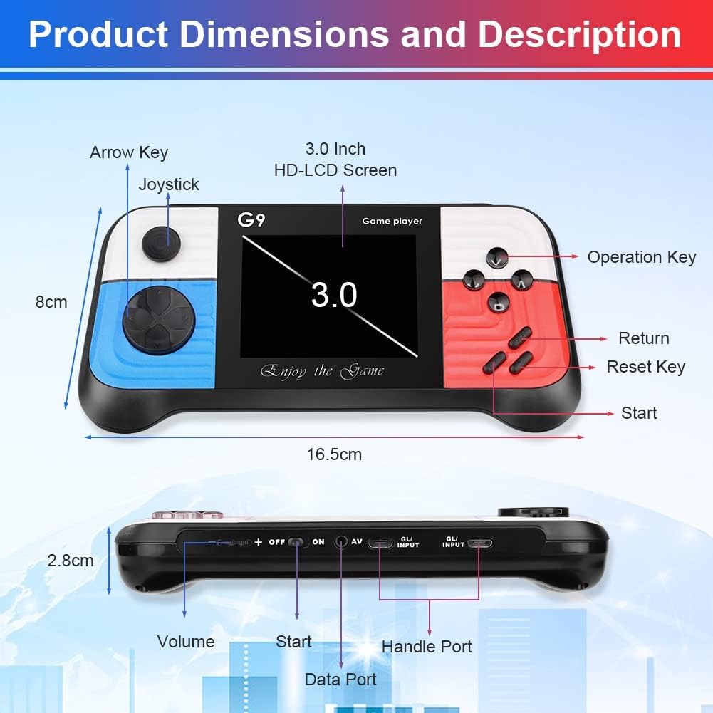 Consola de jocuri, portabila, cu 666 de jocuri, ecran HD de 3 "0", conexiune TV, functia de vibratie a controlerului de joc, suport TV AV-out, din ABS, alb/albastru/rosu