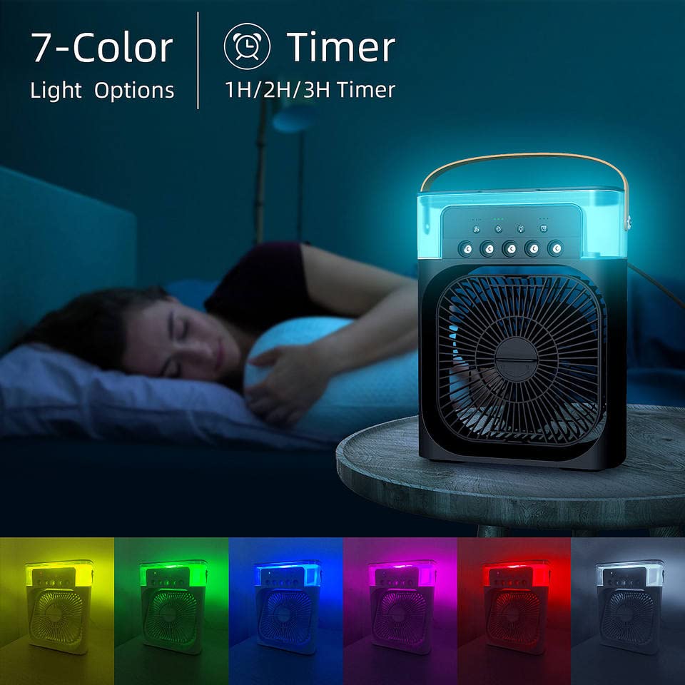 Ventilator portabil 3 în 1 cu pulverizare: racorire, umidificare și iluminare în 7 culori