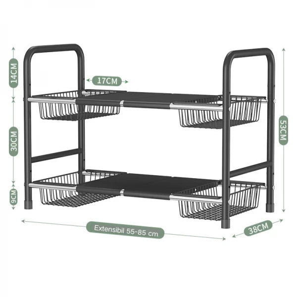 Raft metalic pentru depozitare sub chiuveta, extensibil 55-85 cm, 4 cosuri, 85 (L) x 38 (l) x (H) cm, negru