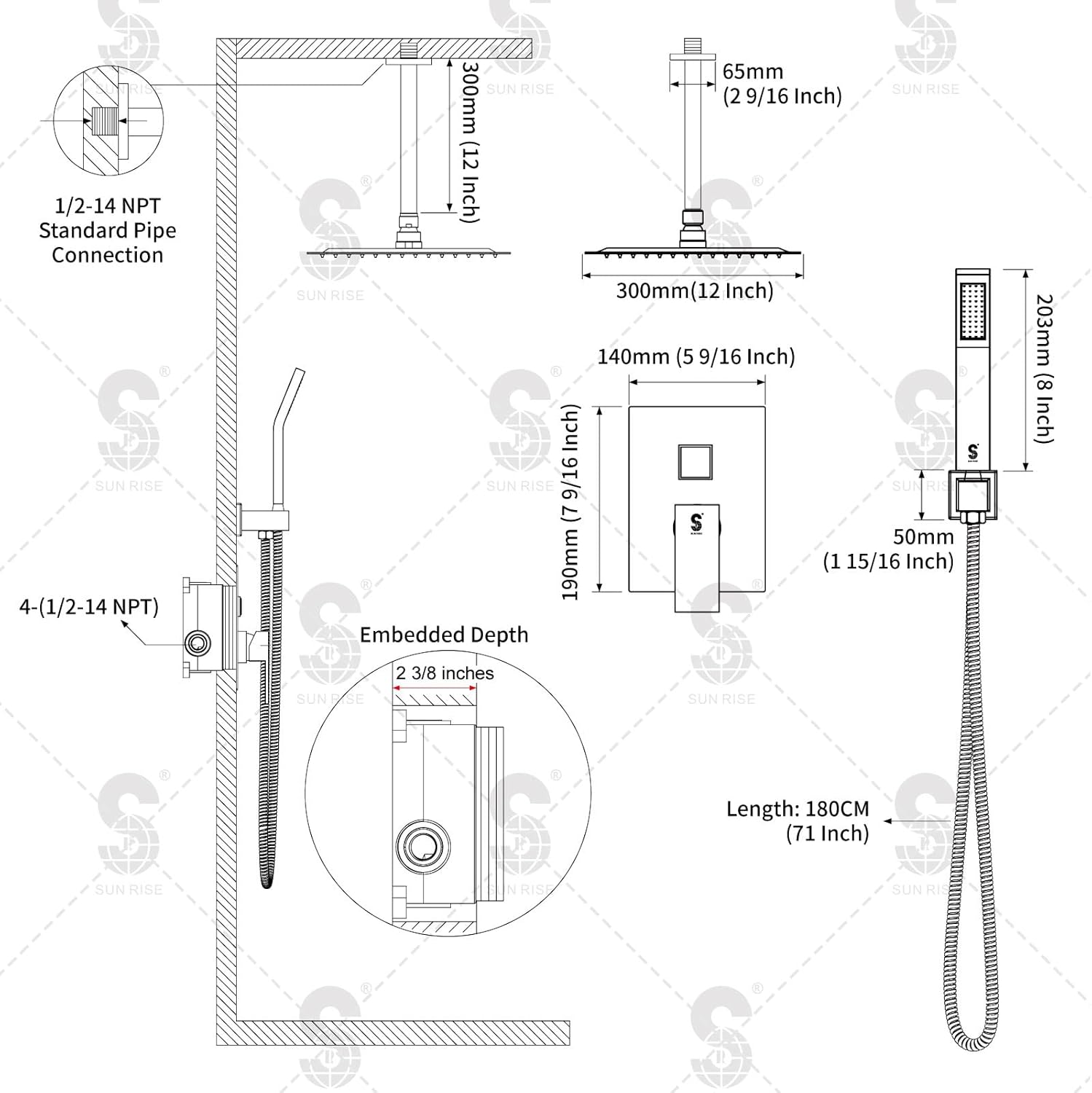 Set de dus incastrat cu para patrata de 30 cm, negru mat sau gri, cu 2 functii de curgere a apei