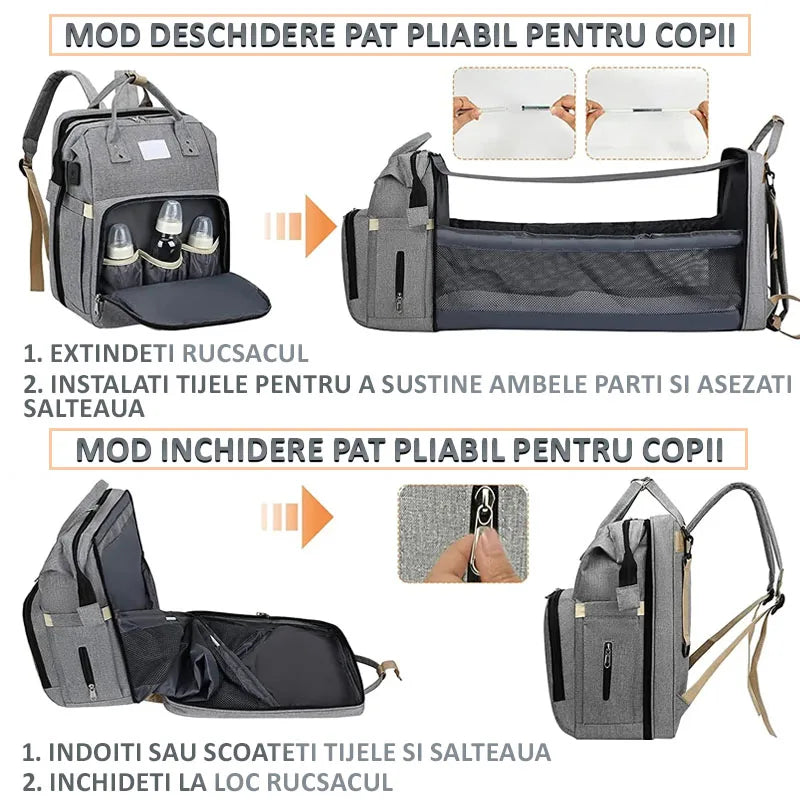 Geanta-Rucsac tip patut extensibil pentru copii, multifunctional, impermeabil, buzunare multiple, atasare la carucior