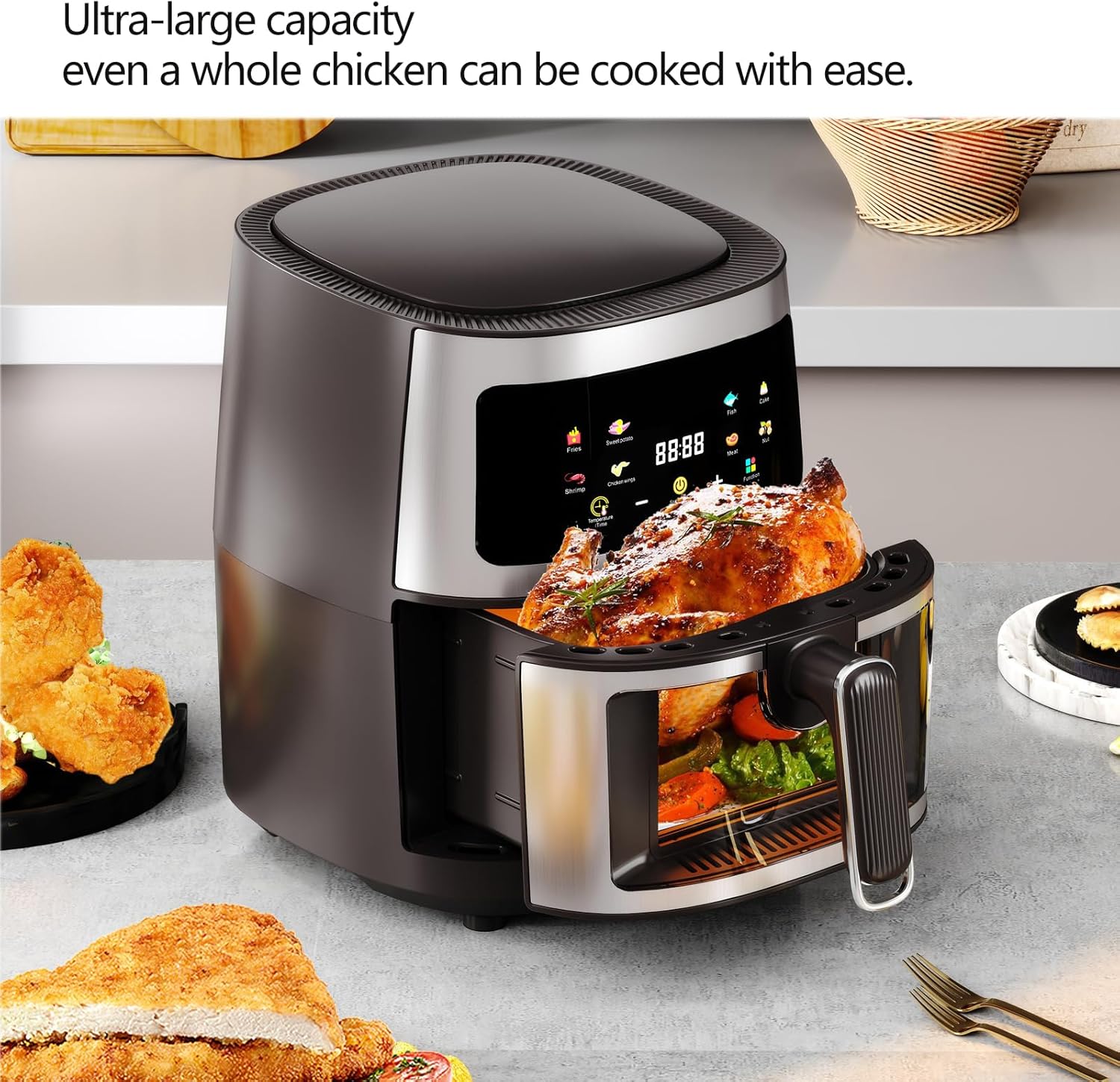 Friteuza cu aer cald, Air Fryer 8L, 1350W, afisaj digital LCD color, Touch control, otel inoxidabil