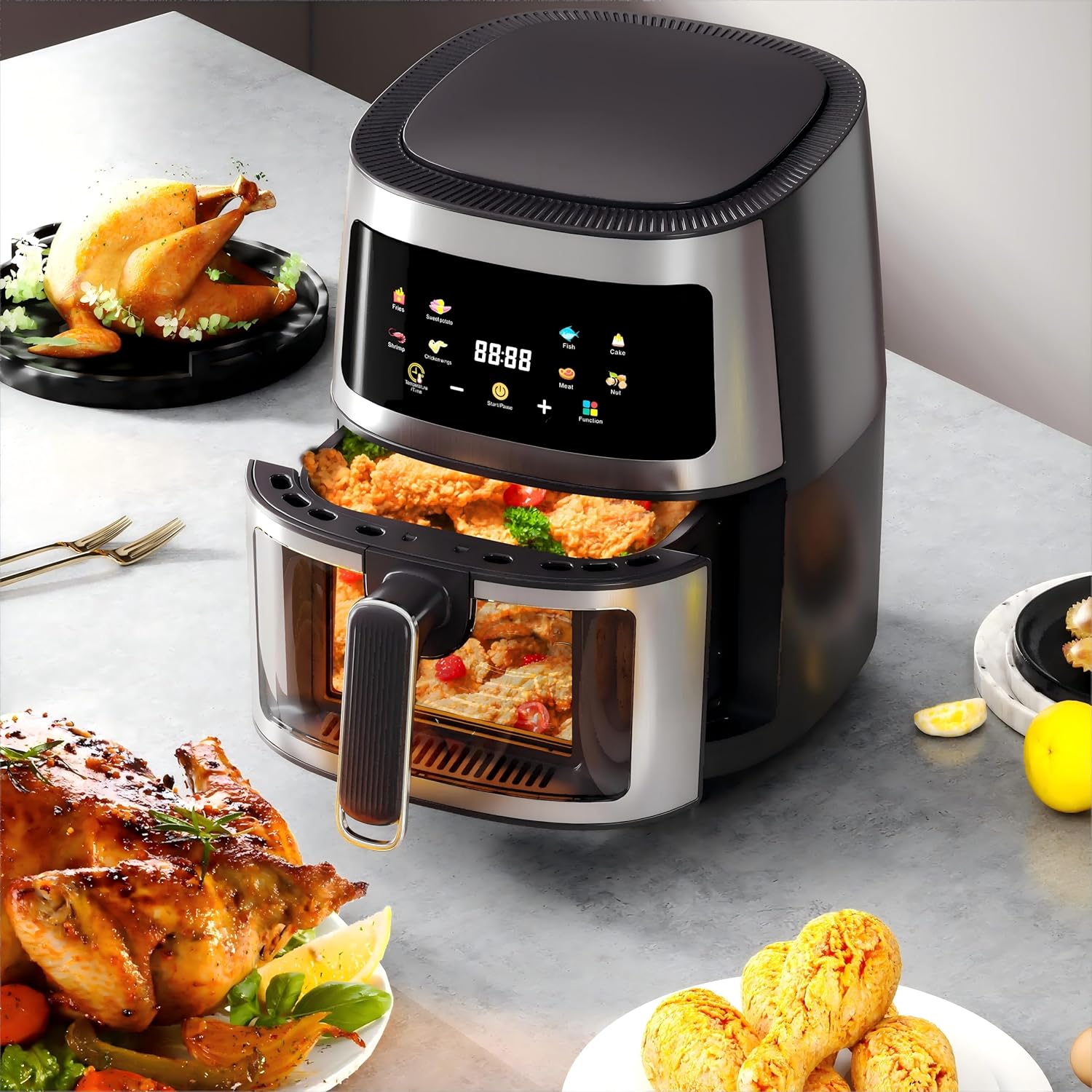 Friteuza cu aer cald, Air Fryer 8L, 1350W, afisaj digital LCD color, Touch control, otel inoxidabil