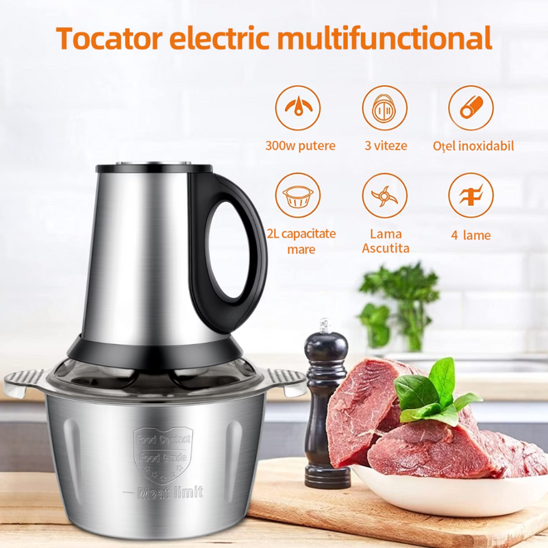 RESIGILAT - Tocator electric carne si legume, 4 lame inox, 2 viteze, capacitate mare, bol inox