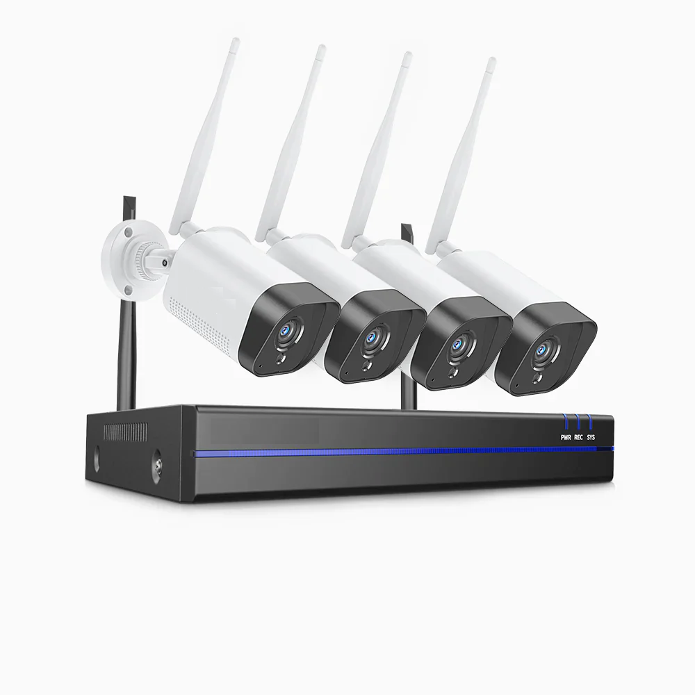 Kit camere supraveghere exterior profesionale, 2MP Full HD, Conexiune Wireless, 4 camere, IR 30m, Microfon, NVR