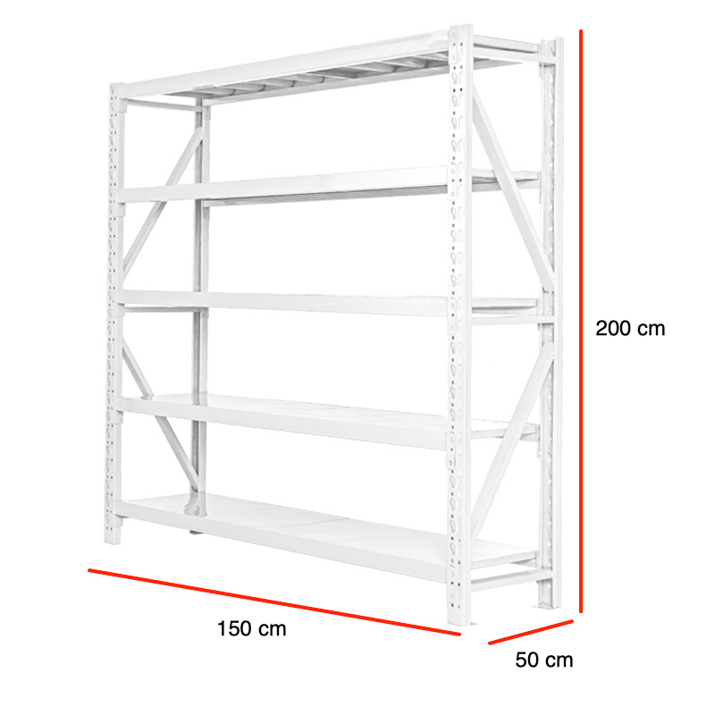 Raft metalic profesional, 5 polite metalice, 150x50x200cm, 100kg/polita, montare prin imbinare, alb