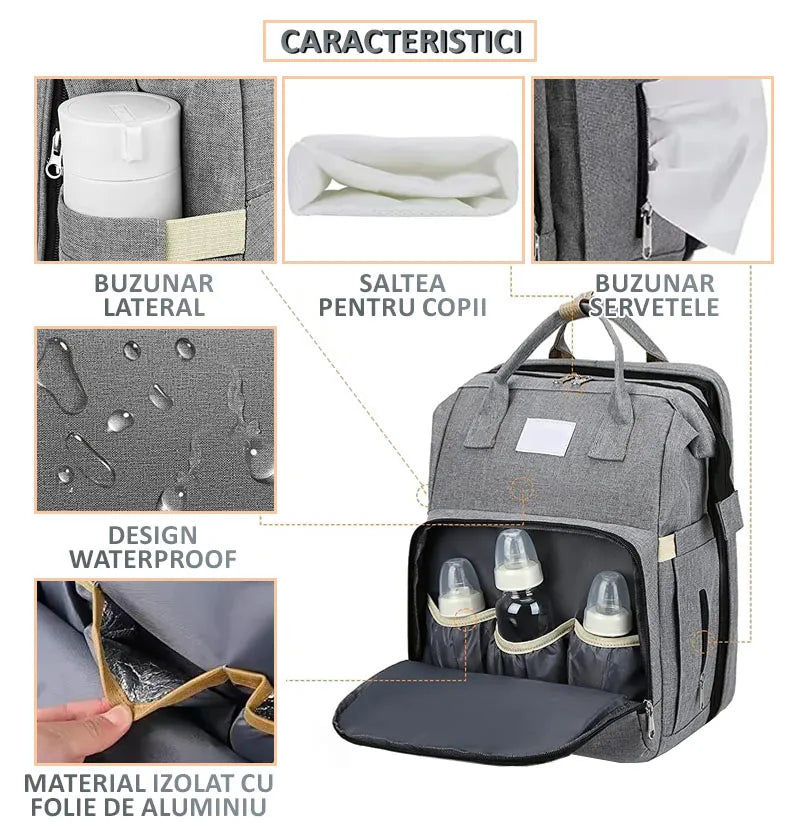 Geanta-Rucsac tip patut extensibil pentru copii, multifunctional, impermeabil, buzunare multiple, atasare la carucior