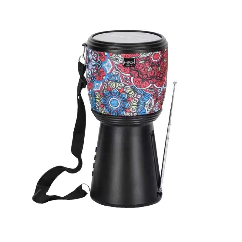 Boxa portabila bluetooth cu incarcare solara, design Darbuka, cu radio FM si lanterna, negru-inflorat