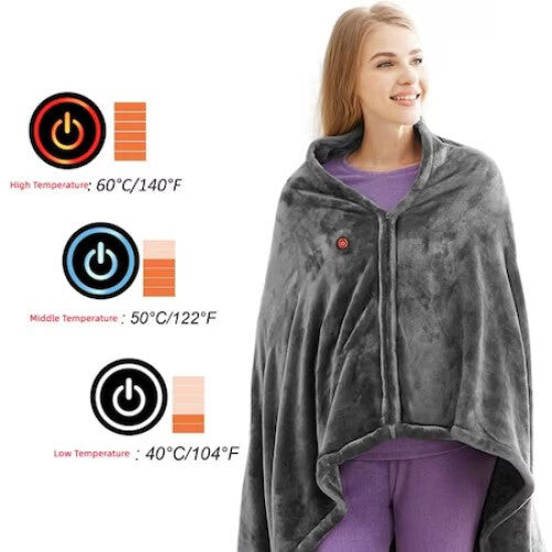 Patura electrica cu incalzire USB  tip hoodie, 150x85cm, 3 niveluri de temperatura, gri