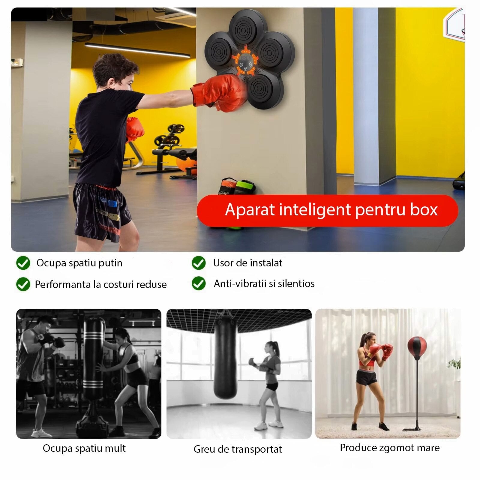 Aparat inteligent de box pentru antrenare reflexe, sincronizare Bluetooth, difuzor stereo, Negru