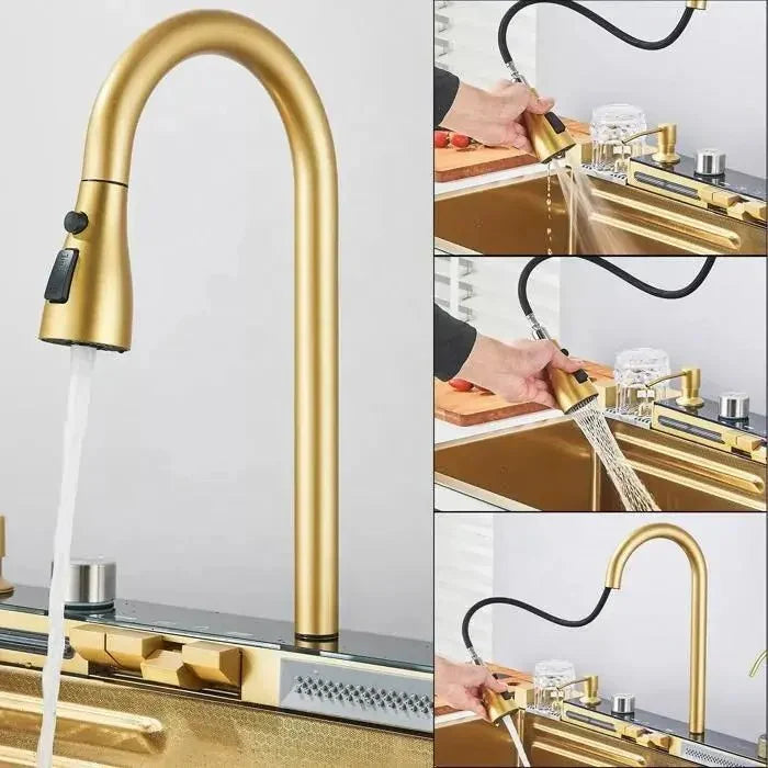 Chiuveta multifunctionala cu 2 cascade cu accesorii incluse, afisaj digital a temperaturii si robinet cascada, culoare Gold, 750x460mm