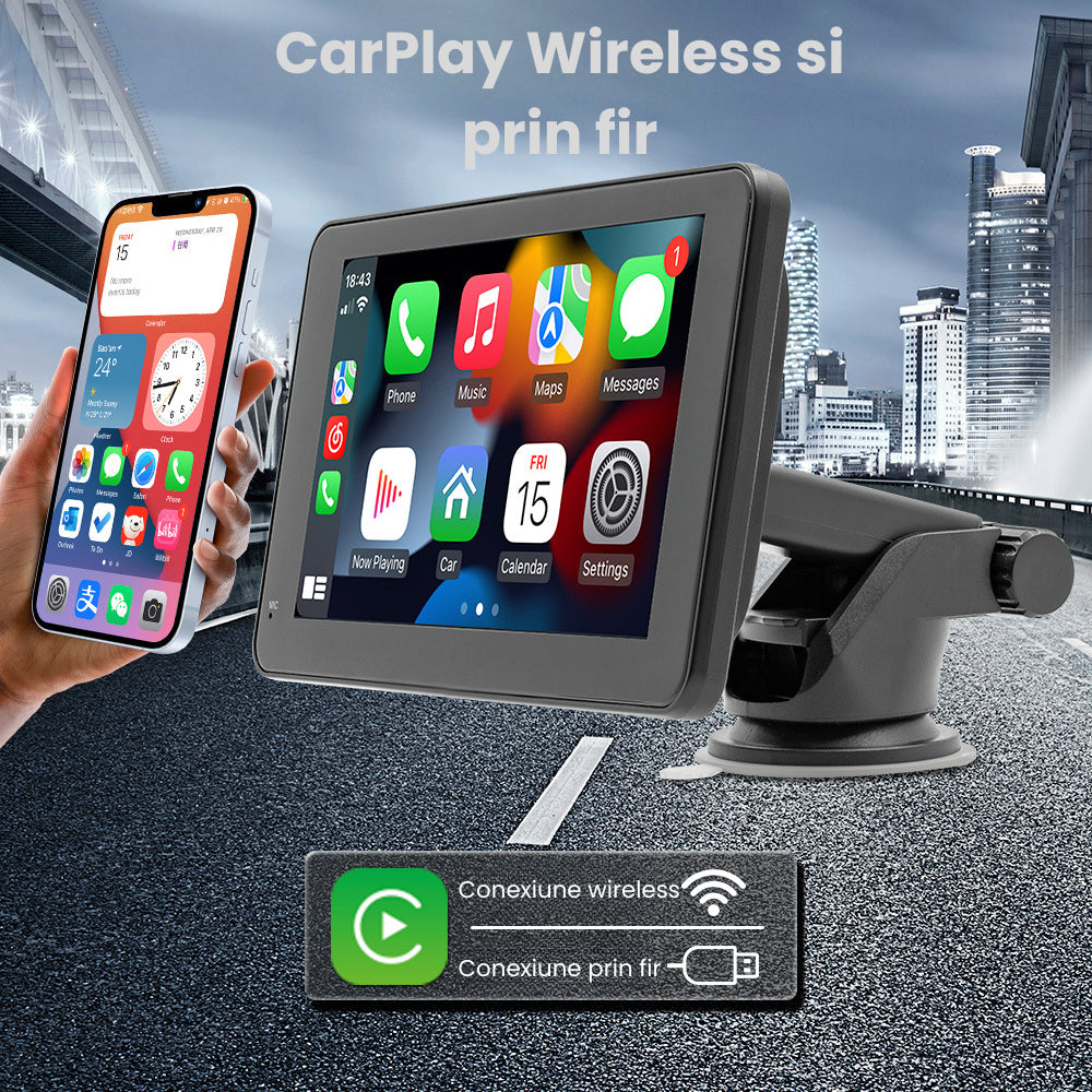 Navigatie Auto, Display 7 inch, Apple Carplay Wireless, Android Auto Wireless, Mirrorlink, Bluetooth, Touchscreen, Screen Mirroring, negru