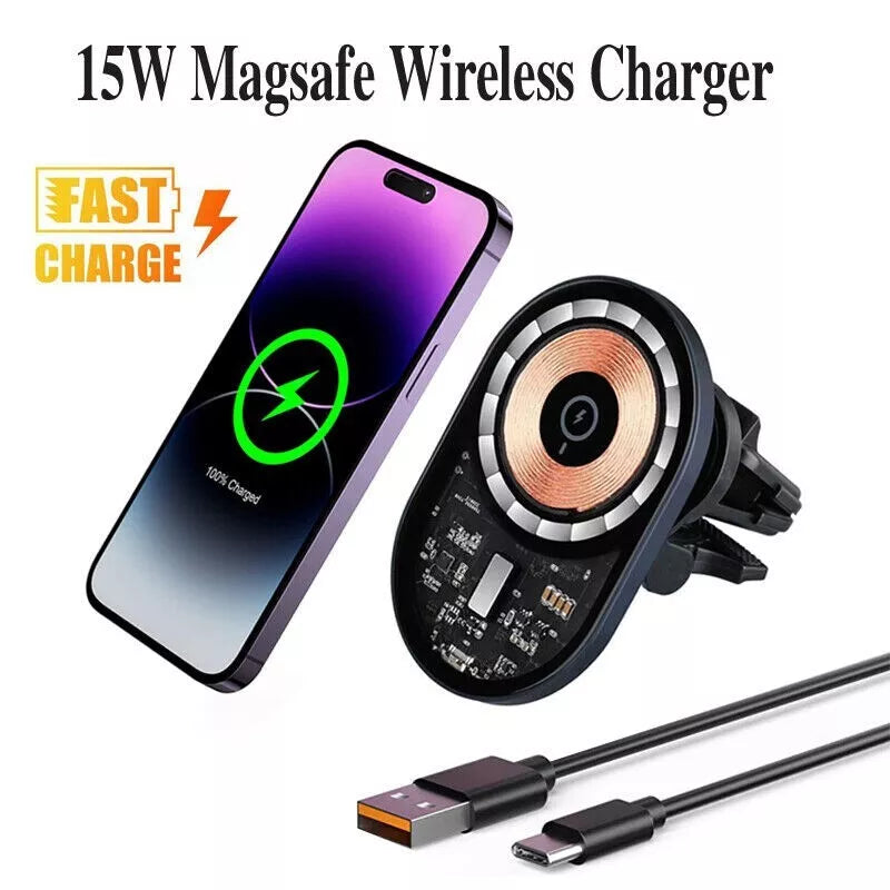 Incarcator wireless masina, sticla securizata, 15W QI, magnetic, pentru iphone