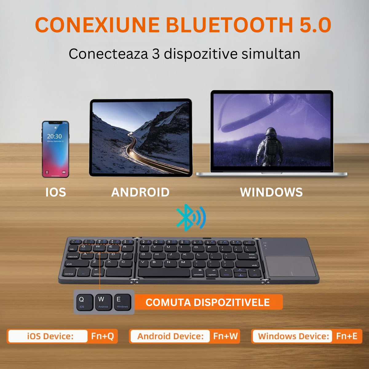 Tastatura pliabila ultra-subtire, touchpad incorporat cu 2 click-uri, wireless, compatibila cu Android, iOS, Smart TV