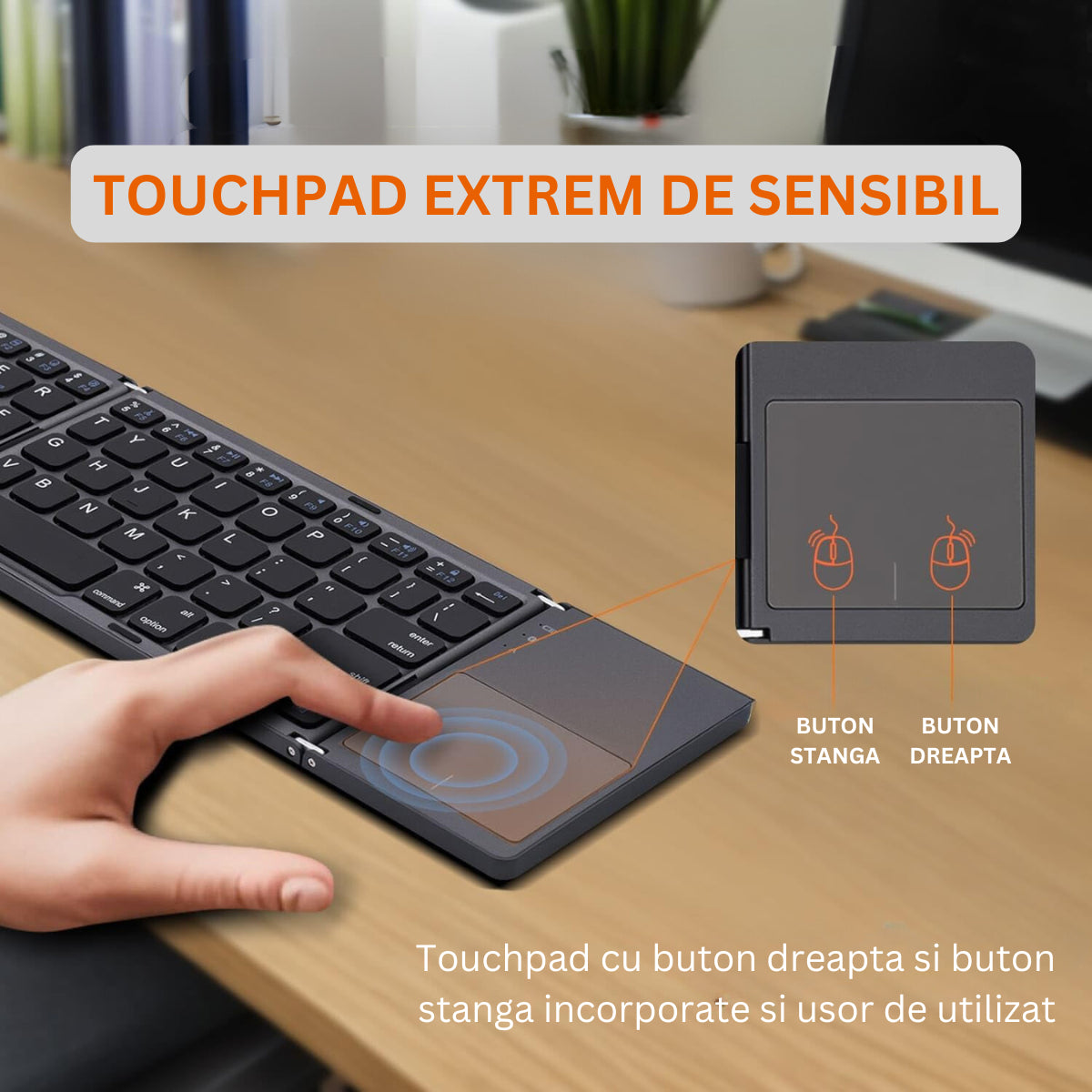 Tastatura pliabila ultra-subtire, touchpad incorporat cu 2 click-uri, wireless, compatibila cu Android, iOS, Smart TV