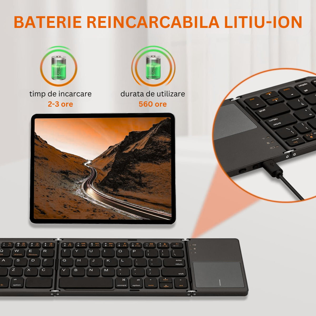 Tastatura pliabila ultra-subtire, touchpad incorporat cu 2 click-uri, wireless, compatibila cu Android, iOS, Smart TV