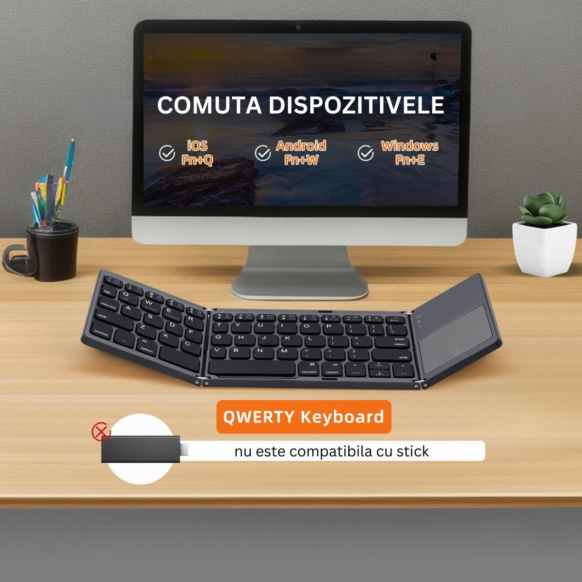 Tastatura pliabila ultra-subtire, touchpad incorporat cu 2 click-uri, wireless, compatibila cu Android, iOS, Smart TV