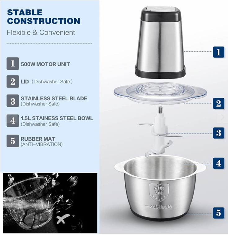 RESIGILAT - Tocator electric carne si legume, 4 lame inox, 2 viteze, capacitate mare, bol inox