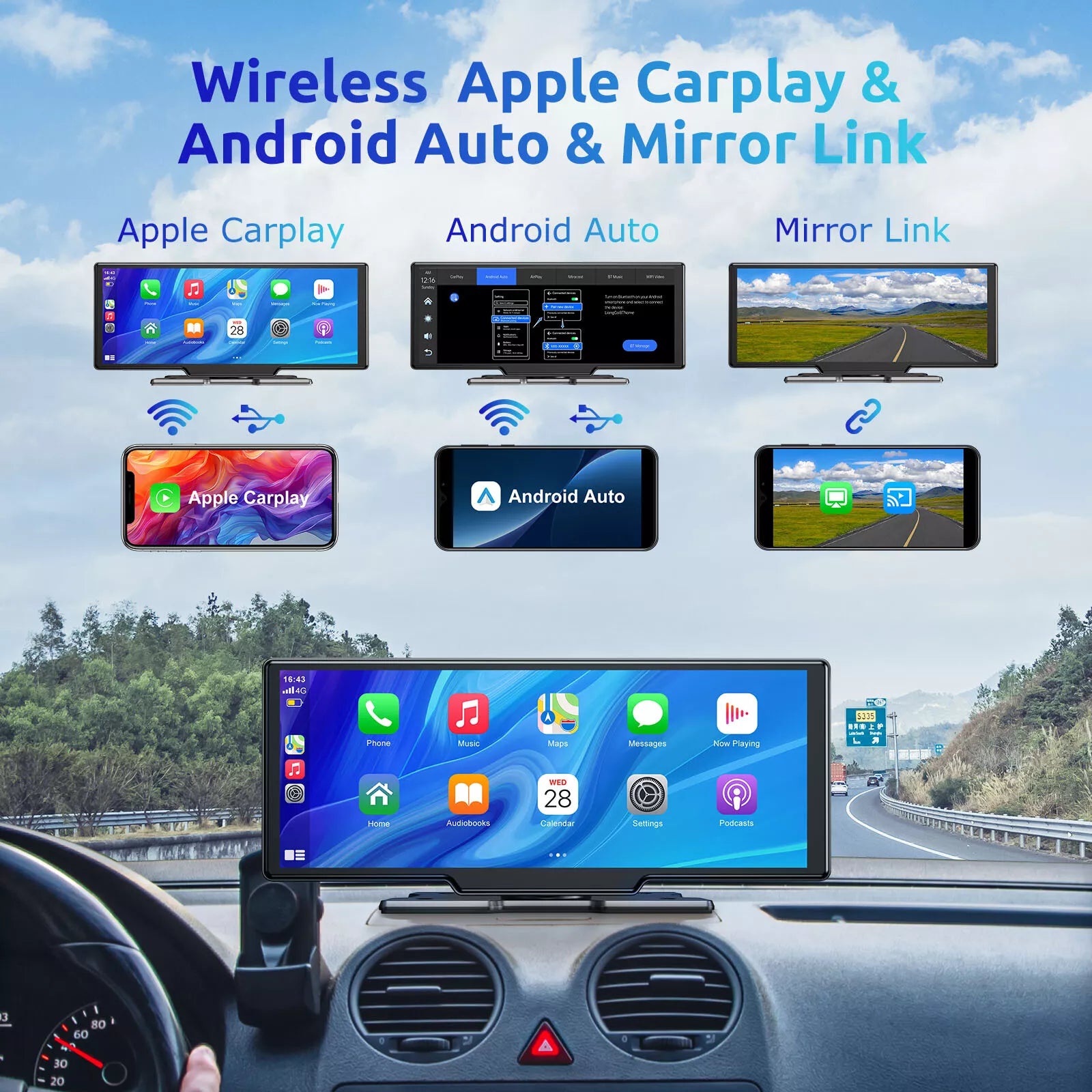 Navigatie cu Android Auto și Apple CarPlay wireless si camera marsarier, display HD 10 inch