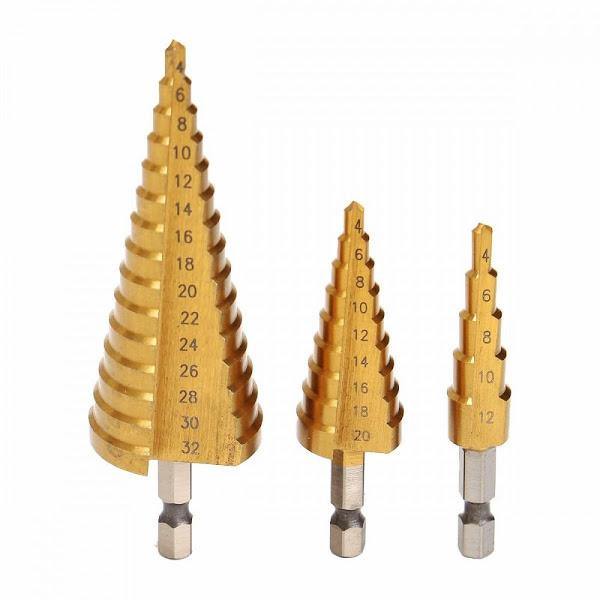 Set 3 x Burghiu conic metal in trepte, spiral conic 4-32 mm - Tenq.ro